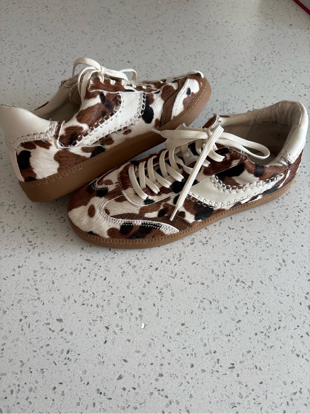 Women’s Cow Print Leather Lace-Up Sneakers in Brown and White